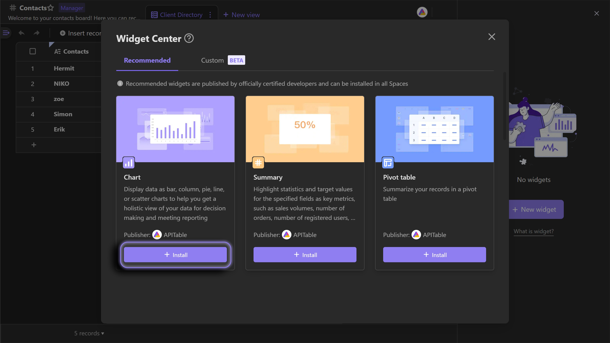 Add a chart from widget center