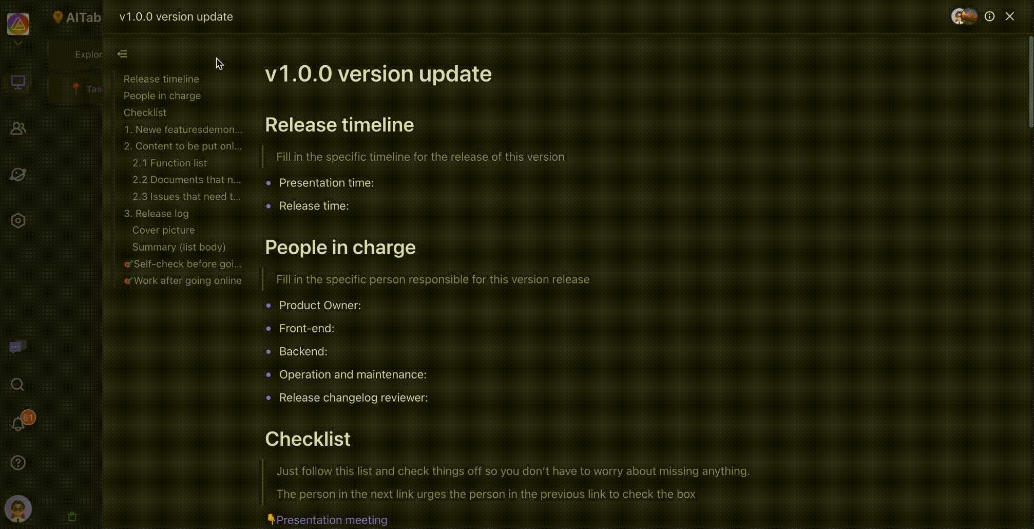 Animation of hiding the table of contents